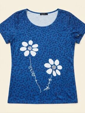 Noracora Women Blue Leopard Animal Print Floral Short Sleeve Top Size S